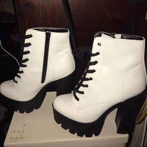 White Platform lug ankle boots with black sole